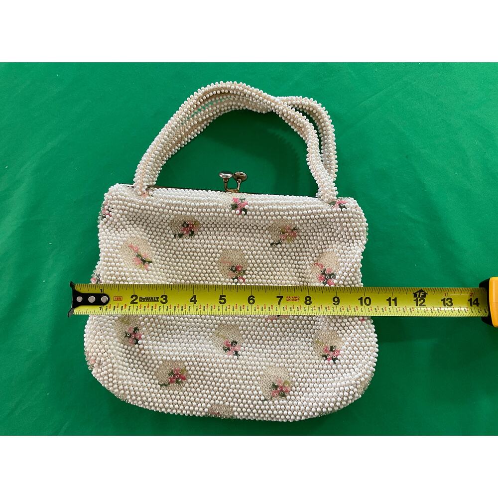 Vintage 1950’s Corde Bead Lumured Ivory Floral Clutch Handbag Purse With Handle - Picture 7 of 10